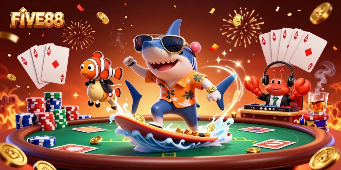 Experience the thrill of FIVE88 gaming with a shark, clownfish, and crab DJ in a vibrant 3D scene.