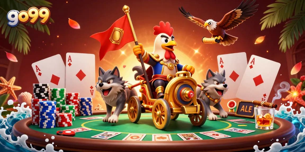 Experience thrilling action at go99 with a dynamic 3D casino scene featuring a rooster warlord and poker elements.