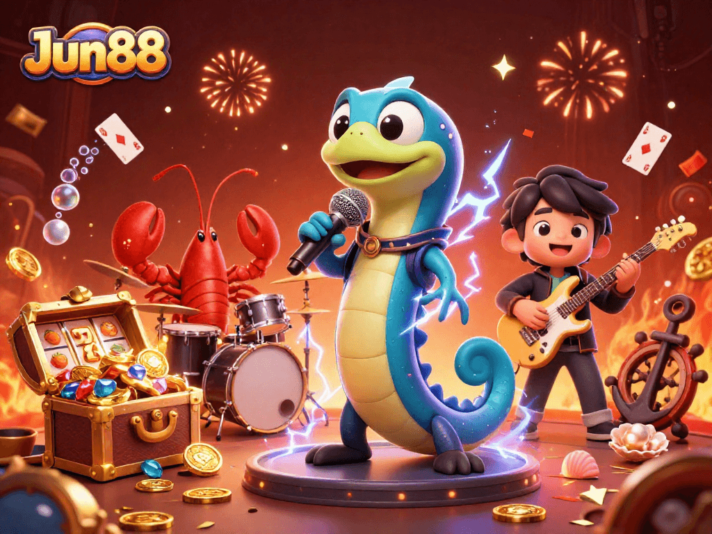 Experience the vivid underwater casino stage with Jun88, featuring an electric eel DJ, lobster drummer, and seahorse guitarist.