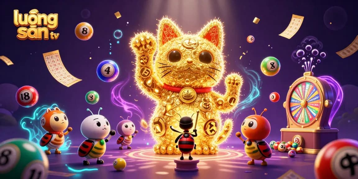 Lương Sơn TV delivers an exciting gambling experience with vibrant lottery elements, showcasing a lucky cat and conductor.