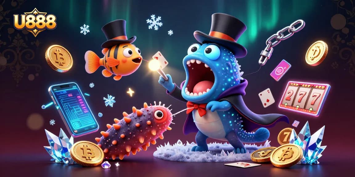 Engage with U888's thrilling magic act featuring a gulper eel, anglerfish, and sea cucumber in an exciting casino scene