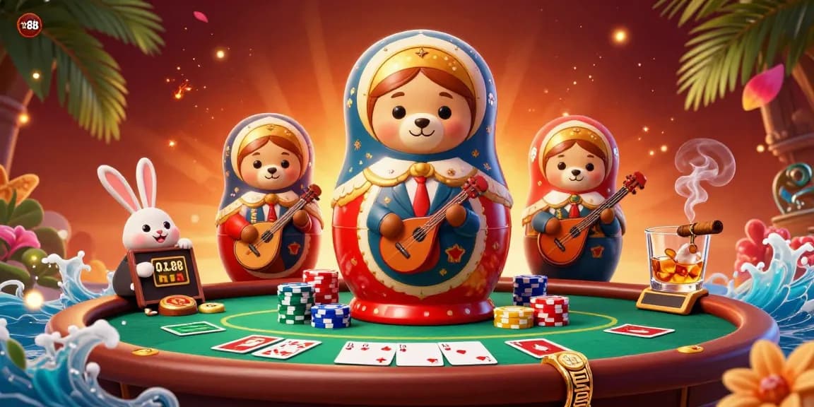 Engage with tx88’s dynamic casino atmosphere of bears and poker elements in vibrant illustration.