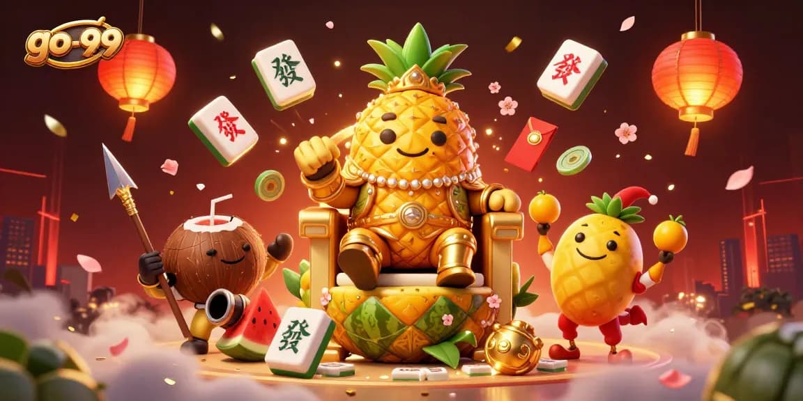 Experience the excitement of go-99 at a vibrant beach casino with a golden pineapple king and animated game elements.