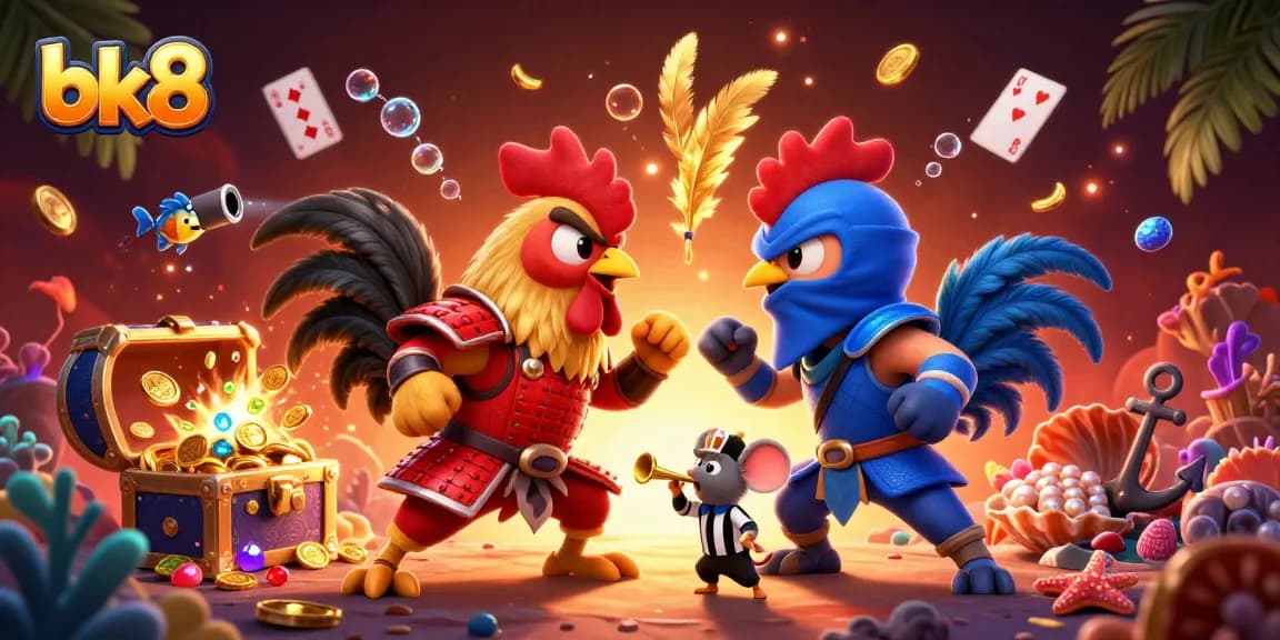 Engage in thrilling battles at bk8, featuring dynamic roosters in a dramatic showdown with casino elements.