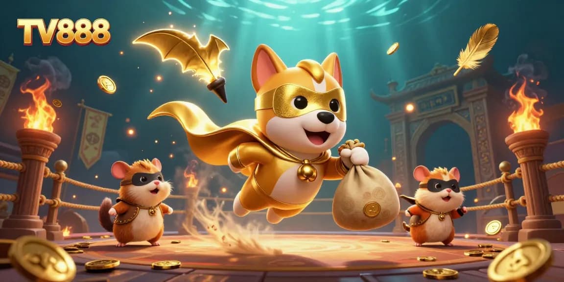 Animated scene featuring TV888 superhero dog and sidekick engaging in a vibrant casino adventure.