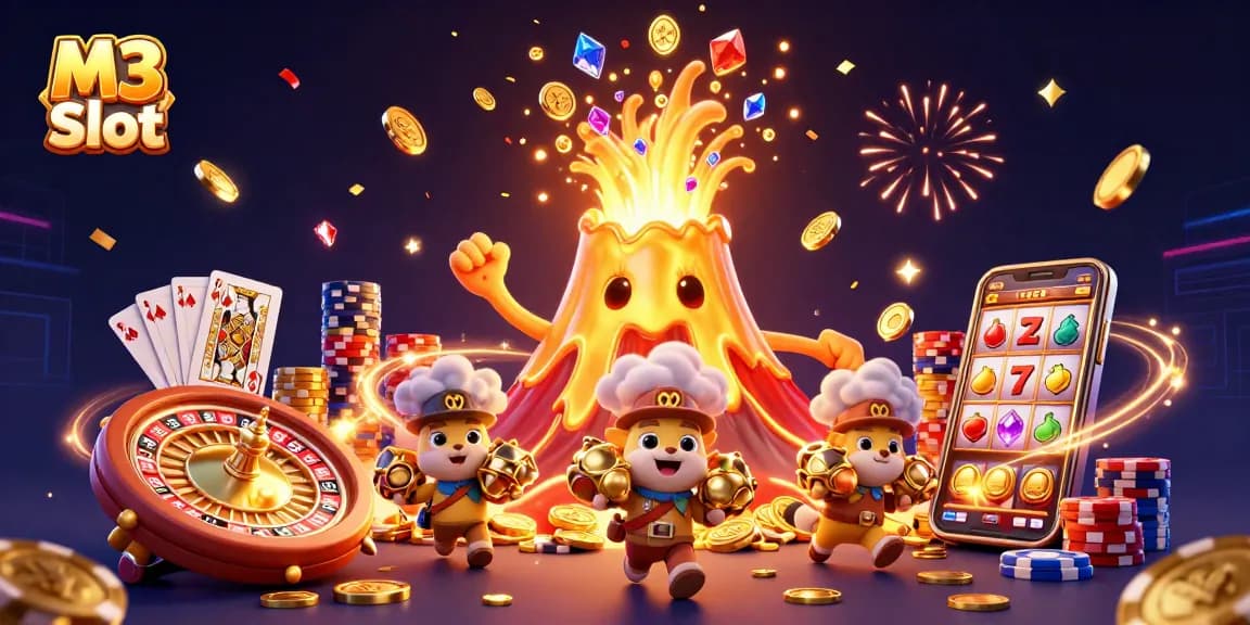 M3 Slot gaming scene showcasing cascading coins, golden volcano, and a triumphant treasure hunt.