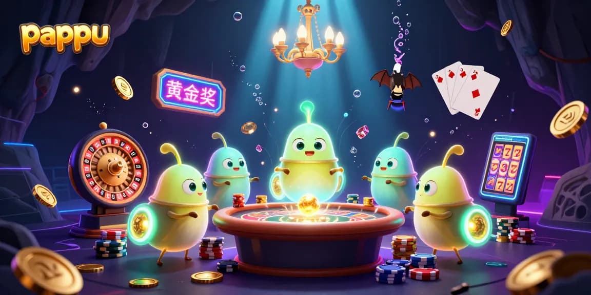 Pappu game illustration with glowworms lighting a cave casino, showcasing vibrant gambling elements.