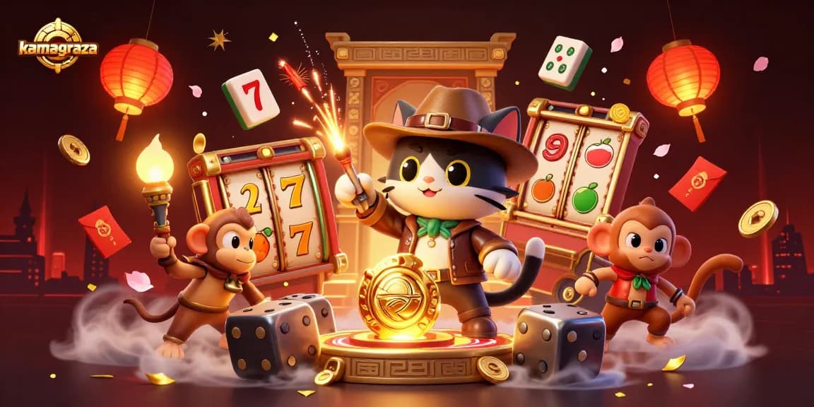 Engage with kamagraza's vibrant casino experience amidst a dynamic scene of 3D gaming elements.