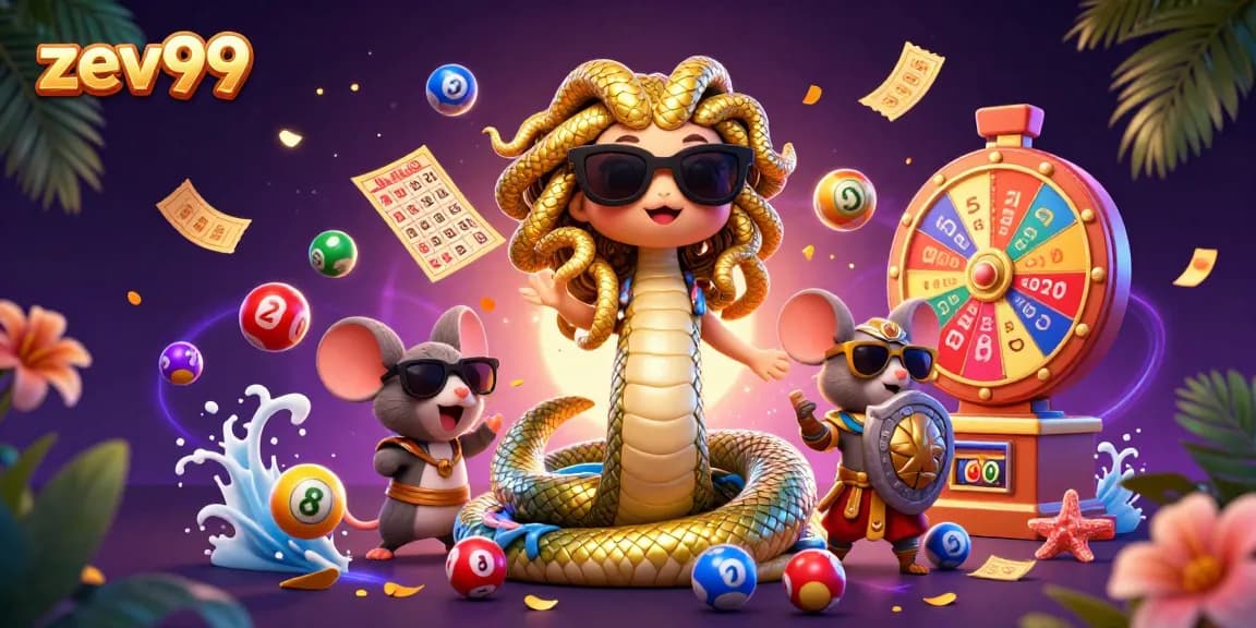 Play and win with zev99 in an exciting 3D lottery-themed casino illustration packed with fun elements.