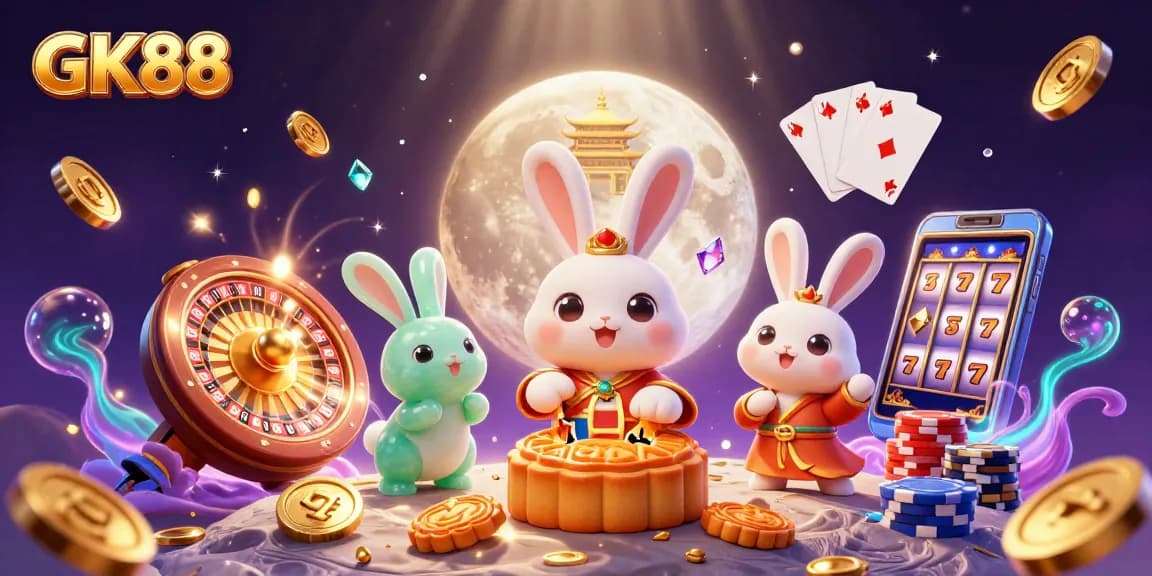 Experience the excitement of GK88 casino with cartoon moon rabbits and poker chips amidst shimmering treasures.