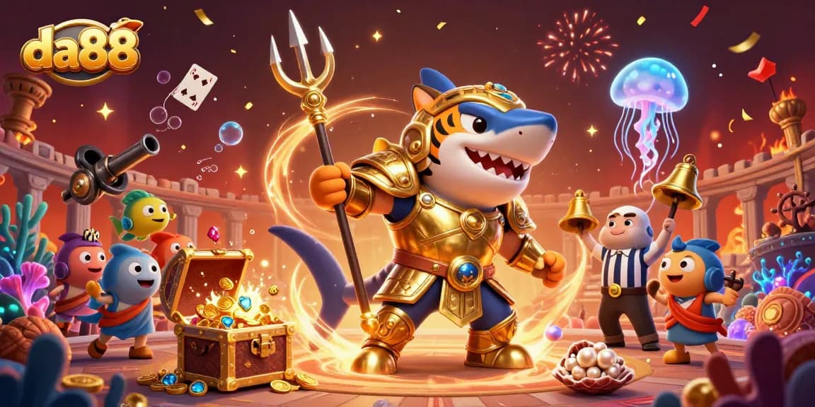 Engage with da88 in a vibrant underwater casino scene featuring a gladiator shark and treasure.