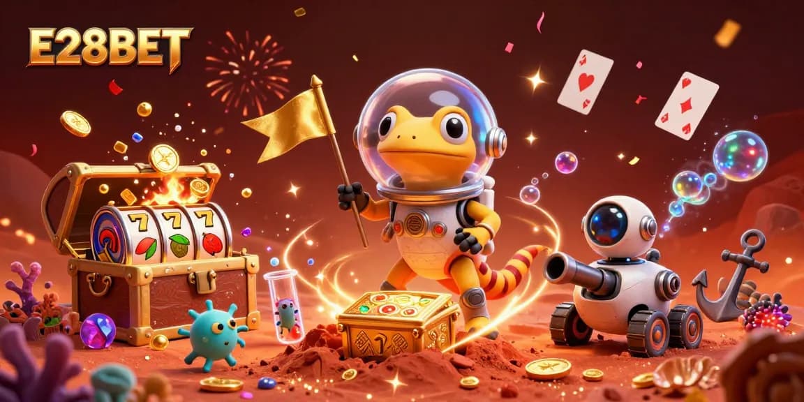 E28BET unveils an animated Martian gecko at a golden casino, promoting engaging betting opportunities.