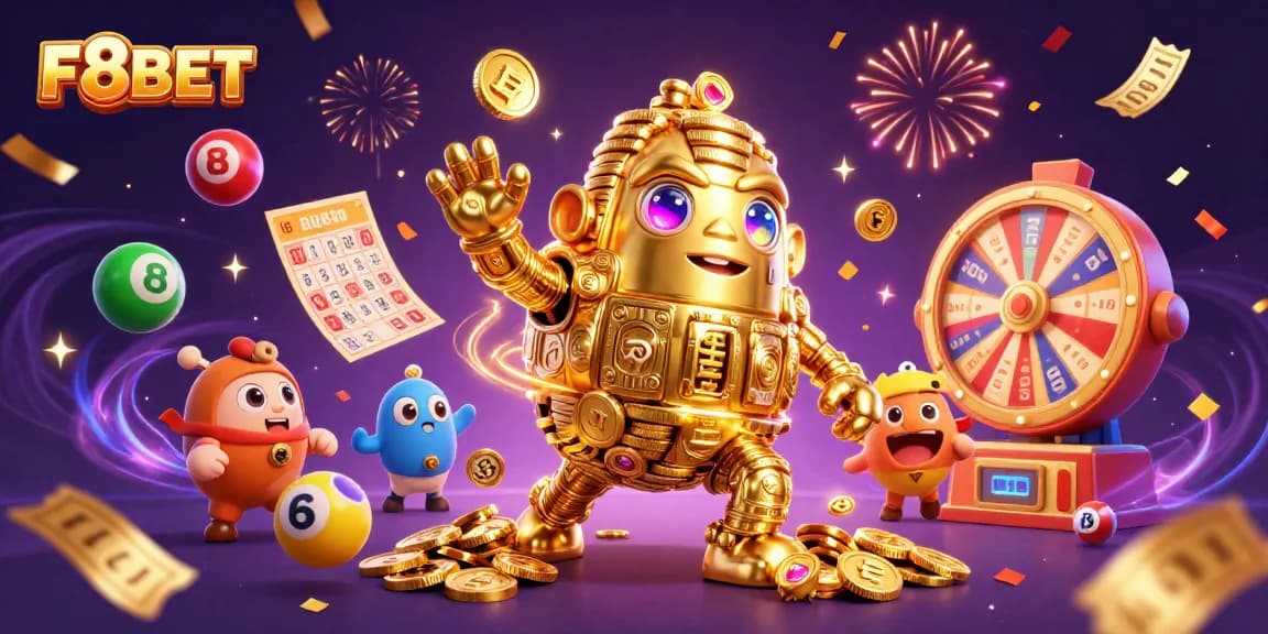 Win big with F8BET as colorful lottery balls bounce around an ancient golden golem in a festive casino scene.