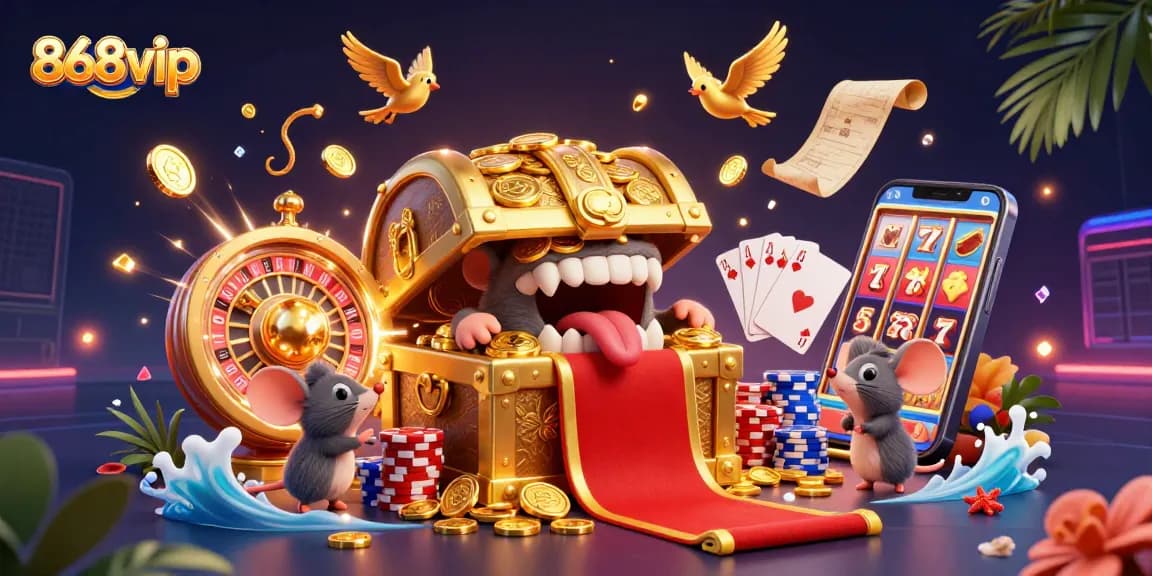 Engage with 868vip's thrilling gaming adventures featuring a vibrant 3D treasure chest, dazzling coins, and casino elements.