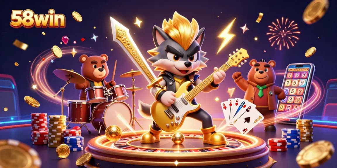 Engage in thrilling gameplay with 58win's vibrant casino scene featuring lively characters and dazzling elements.