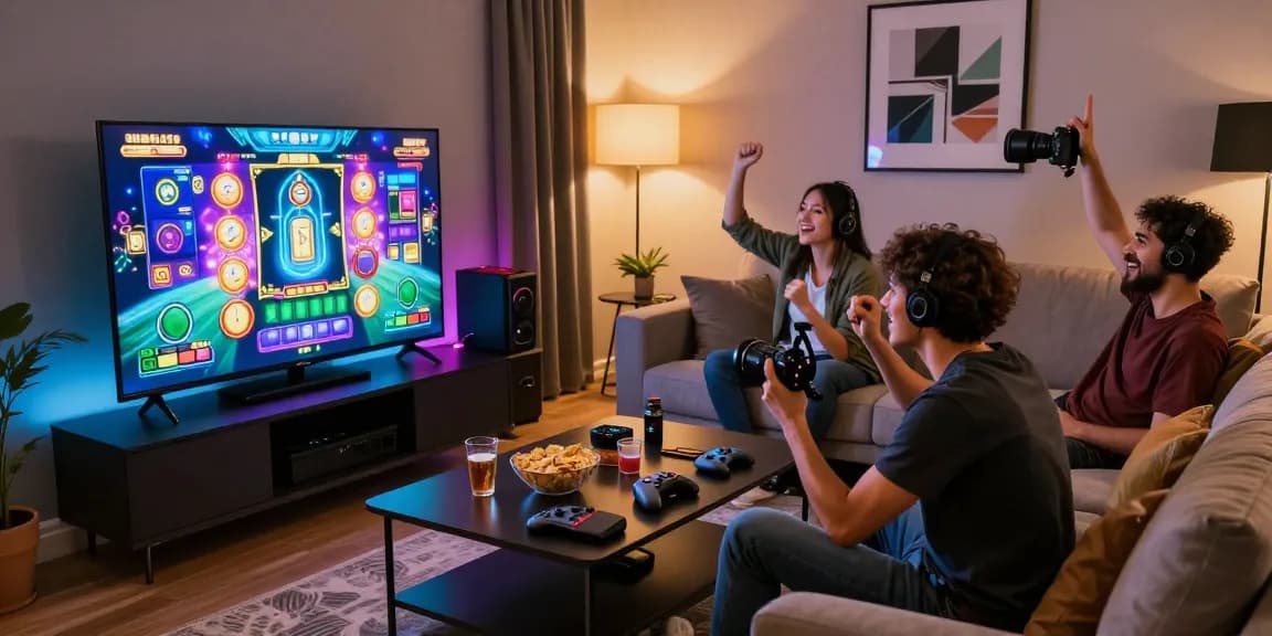 Exciting oppa86 situs gaming scene with enthusiastic players enjoying vibrant slot games.
