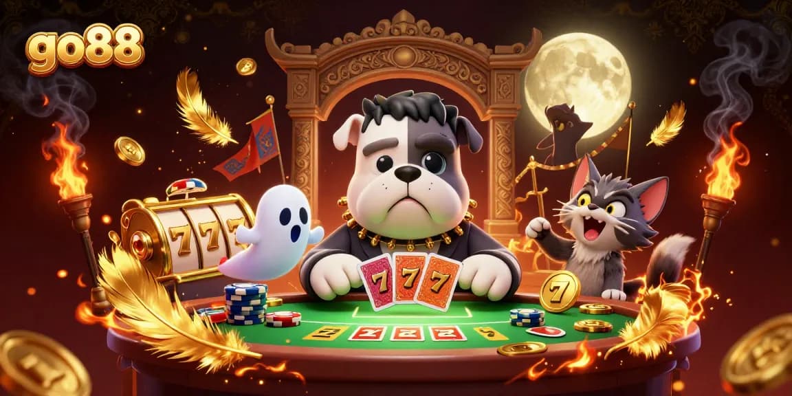 Go88 features a robot bulldog dealer at a spooky casino themed table, creating thrilling gameplay.