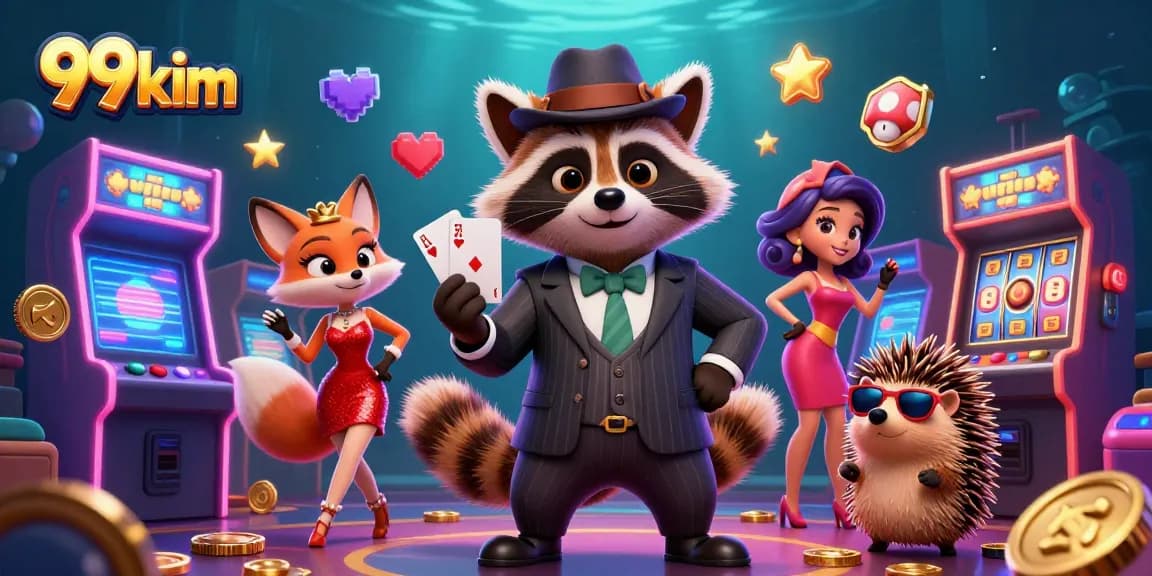 Engaging gameplay at 99kim with a raccoon holding a royal flush amid vibrant casino elements.