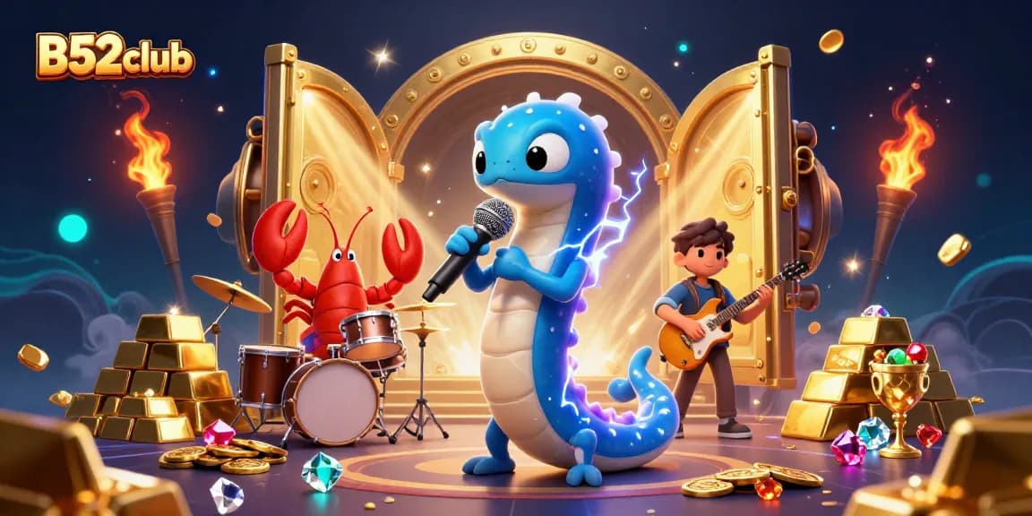 Experience thrilling gaming at B52club with vibrant animated characters and dynamic casino elements.