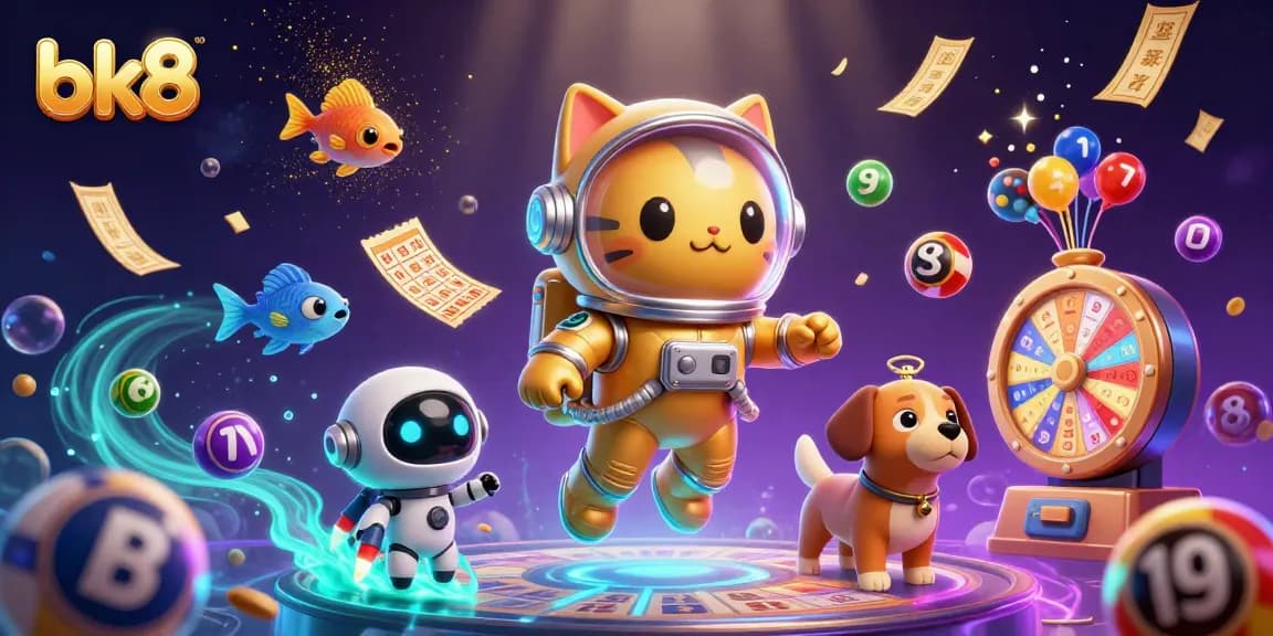 Win big with bk8 in a vibrant casino atmosphere featuring an astronaut cat and dynamic game elements.