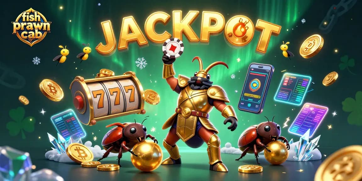 Engage in thrilling fish prawn crab slots with a 3D beetle and vibrant jackpot elements.