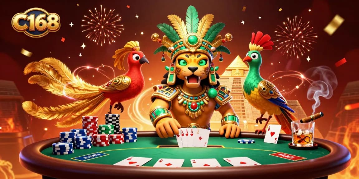 Experience the thrills at C168 Casino with a vibrant poker scene showcasing a 3D cartoon Mayan jaguar and quetzal.