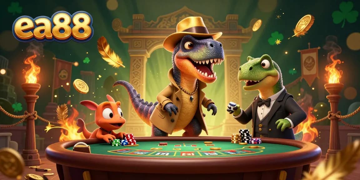 ea88 velociraptor card counter blends into a casino scene amidst gold tokens and atmospheric effects.