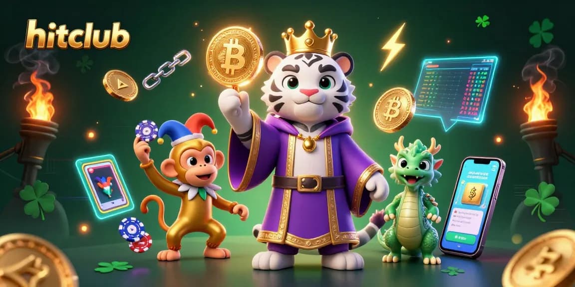 Engage with hitclub's exciting gaming experience with a tiger, monkey, and dragon illustration.