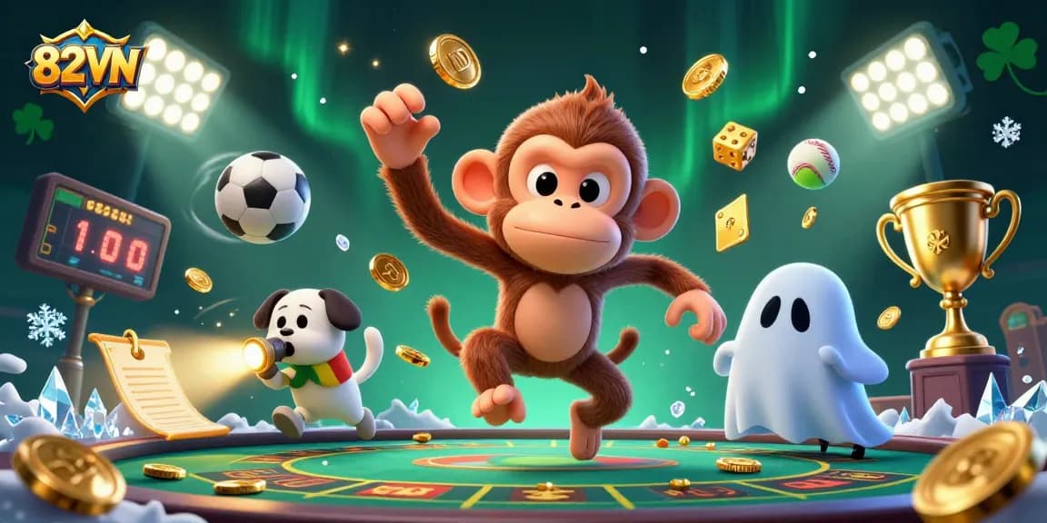Experience thrilling gaming with 82VN as you witness a magical scene of mischievous antics in a haunted casino.