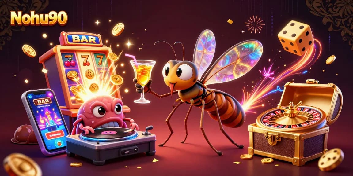 Nohu90 showcases a vibrant 3D casino scene with a unique mosquito mascot and thrilling game elements.