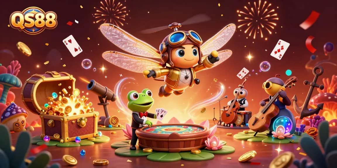 Engage in exciting games at QS88 with vibrant characters and animated casino elements in a colorful scene.