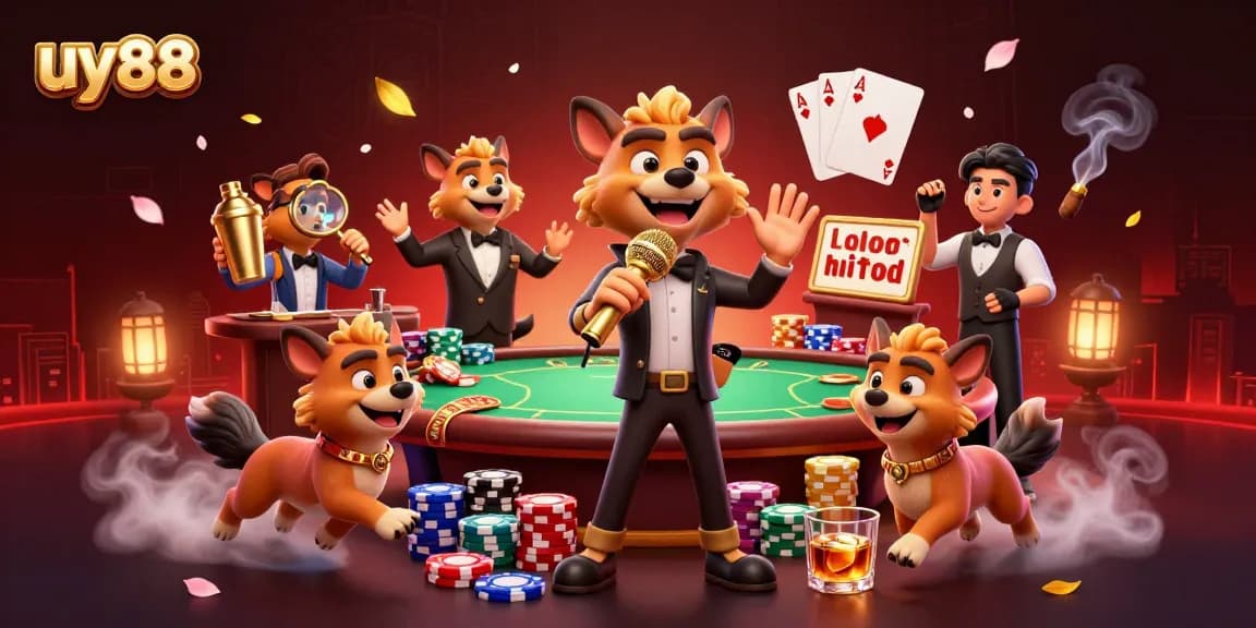 Join the fun at uy88's vibrant casino with hyenas mixing drinks and telling jokes!
