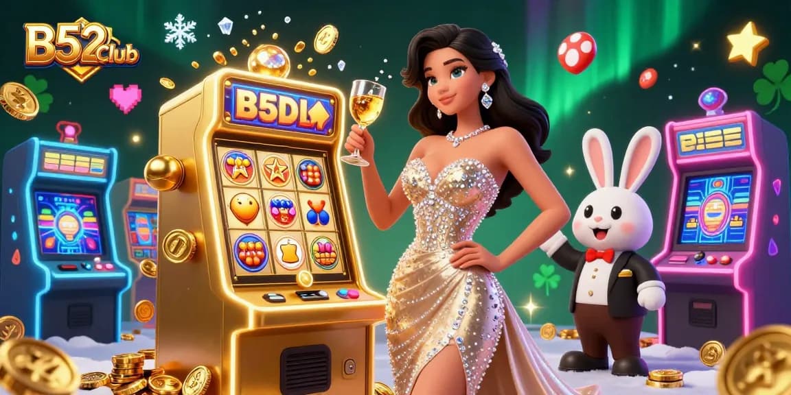 B52Club offers vibrant gameplay with a dazzling woman celebrating beside a jackpot slot machine and croupier.