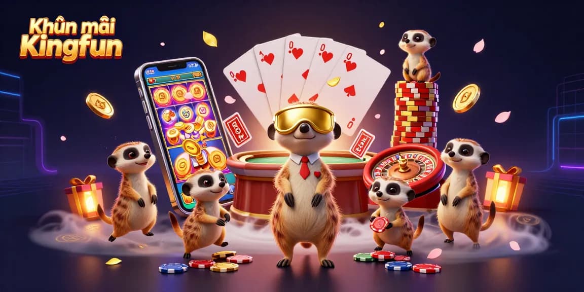 Engage in exciting Khuyến mãi Kingfun with a lively casino scene featuring meerkats and dynamic gaming elements.