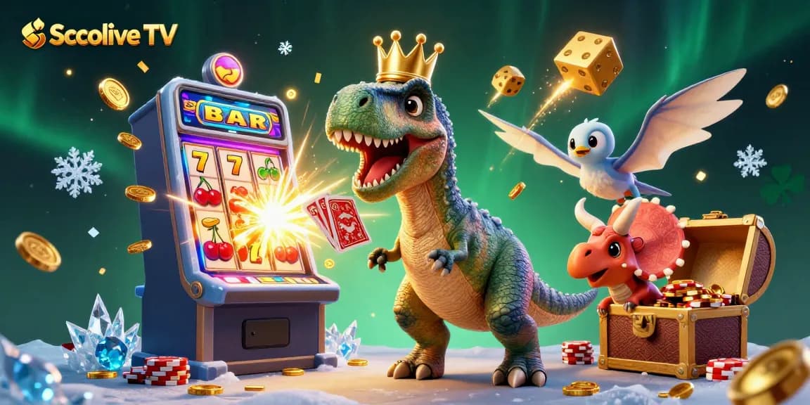 Socolive TV showcases a dynamic scene with friendly T-Rex shuffling cards, pterodactyl assistant, and baby triceratops stacking chips in a casino setting.