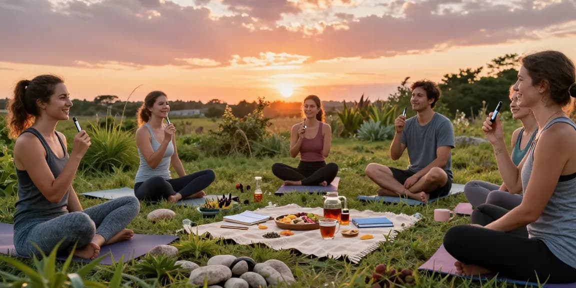 THC vape UK experience with high-quality vape pens among friends in a natural outdoor wellness setting, emphasizing organic and natural wellness.