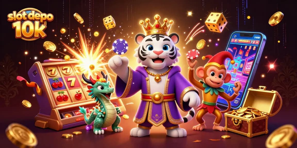 Engage with slot depo 10k excitement through a vibrant 3D casino illustration featuring animated characters and dynamic game elements.