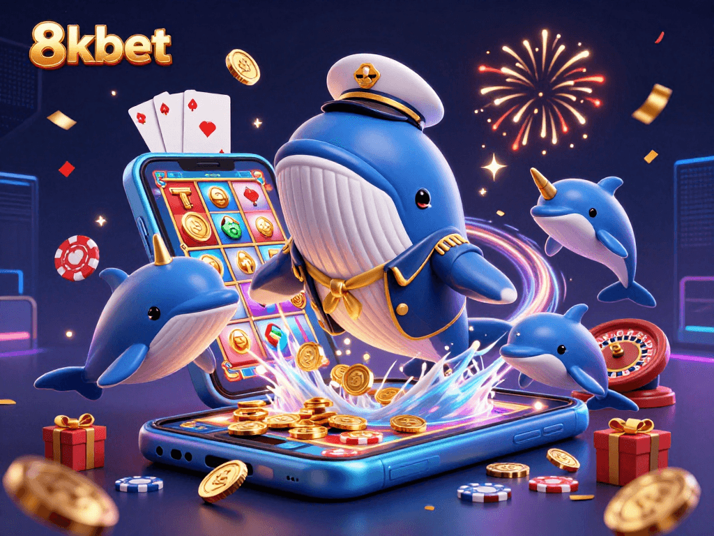 Engage in thrilling gameplay with 8xbet as a cartoon whale celebrates amidst coins and slot games.