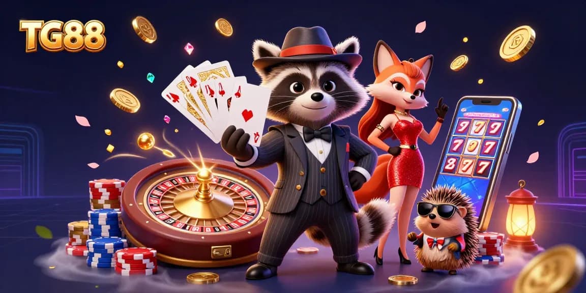 Engage with TG88, featuring a suave raccoon holding a royal flush in an energetic casino scene.