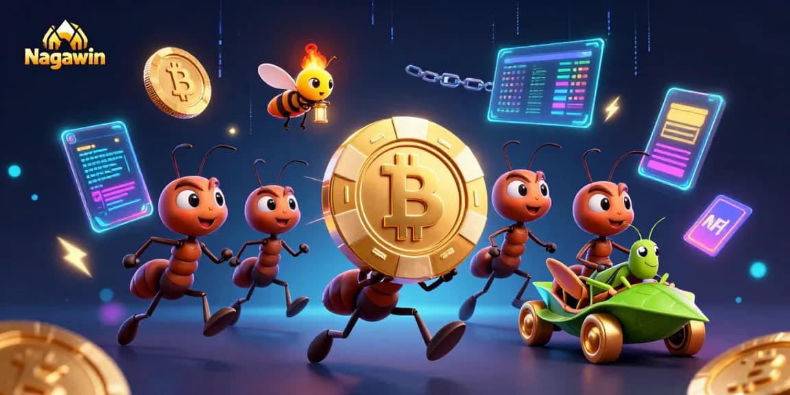 Play and win at Nagawin with a heist of cartoon ants and glowing crypto elements in a vibrant casino scene.