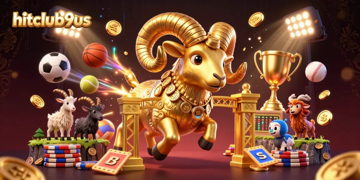 Engage with the hitclub9us experience where a massive golden ram charges through a golden gate in a vibrant 3D casino illustration.