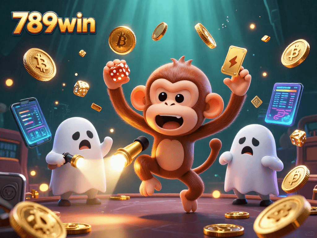 Join the excitement at 789win as a mischievous poltergeist monkey juggles golden coins and crypto elements!