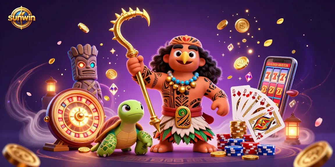Win big at sunwin with a lively scene of a Polynesian demigod and casino elements surrounding them.