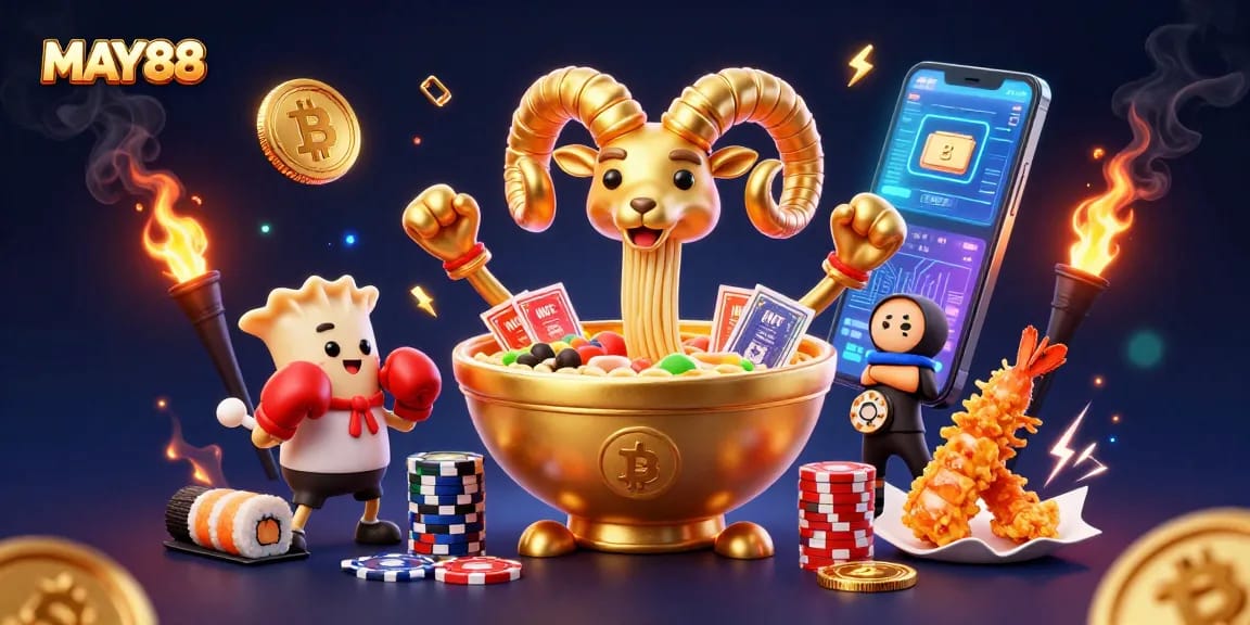 MAY88 casino scene with a giant ramen bowl character, crypto elements, and colorful cheerleaders.