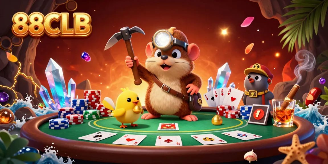 Engage with the 88CLB treasure adventure featuring vibrant poker elements and glowing gems.