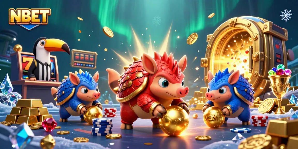Betting excitement with NBET as rival pangolins compete in a vibrant casino scene full of gold.