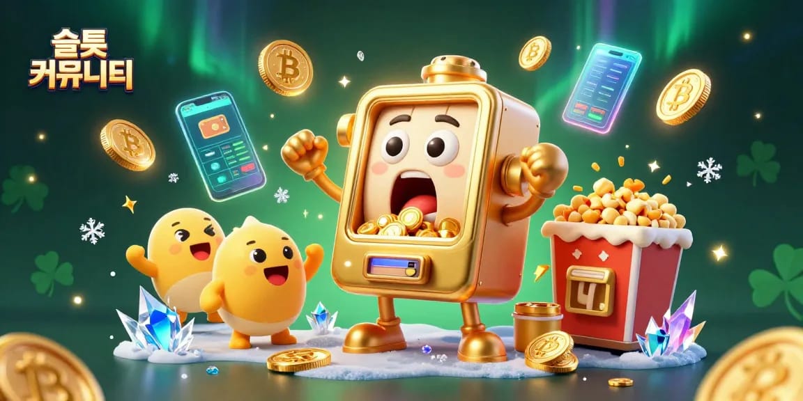 Engaging illustration depicting a lively 슬롯 커뮤니티 scene with golden slot machines celebrating wins amid vibrant crypto elements.