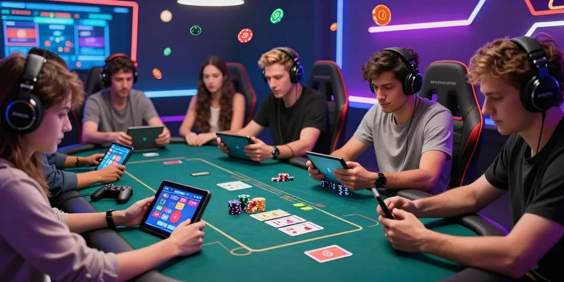 Players engaged in Daftar Domino8 online poker game, showcasing excitement and modern gaming atmosphere.