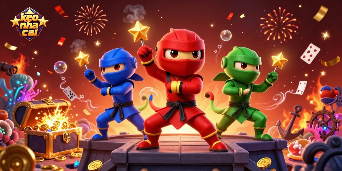 Experience keo nha cai with a vibrant 3D scene featuring ninja chameleons and dynamic gaming elements.