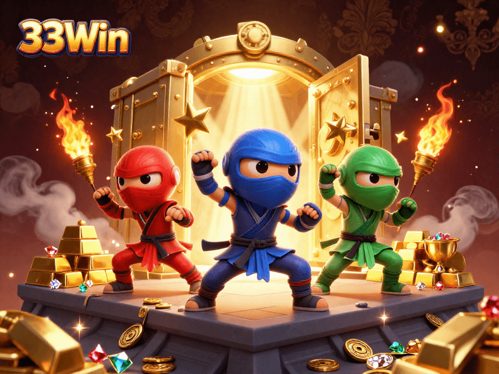 Experience thrilling action with the 33Win ninja chameleon team amidst treasure and casino elements.